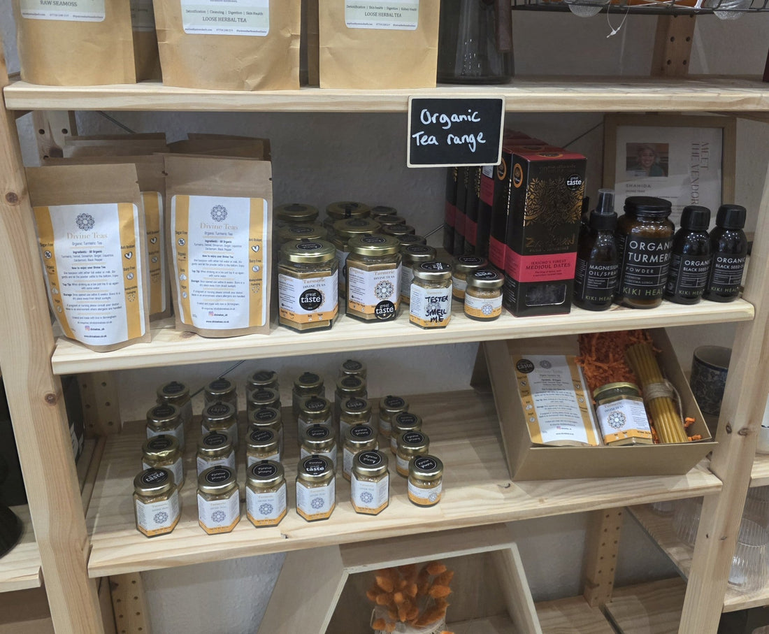 Divine Teas shelf display featuring the organic tea range