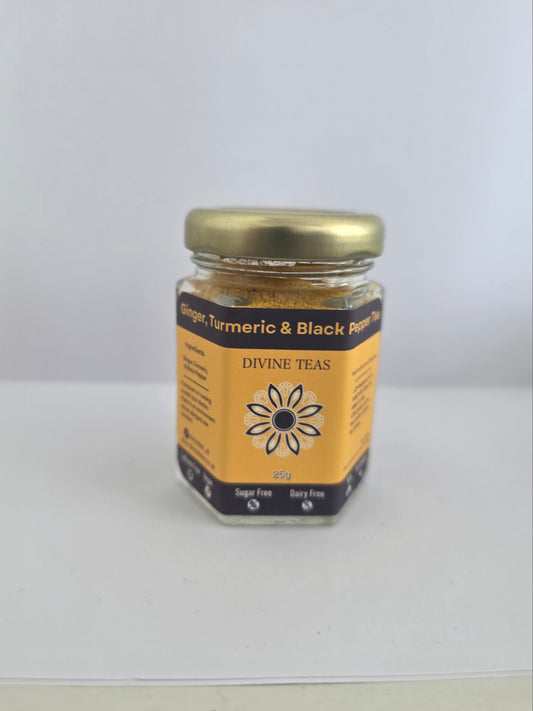 Ginger, turmeric and black pepper tea jar, Great Taste Award winner, by Divine Teas